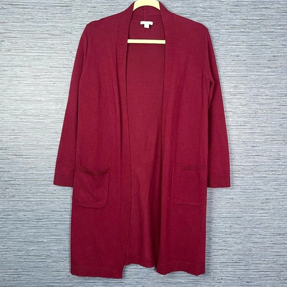 J Jill Sweater Cardigan Burgundy Size XS Duster Open Front Pockets Silk Wool - Picture 1 of 6